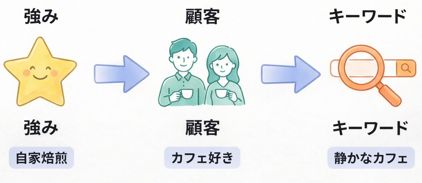 ビジネスの強み・ターゲット顧客・検索キーワードの3要素がつながるキーワード選定フロー