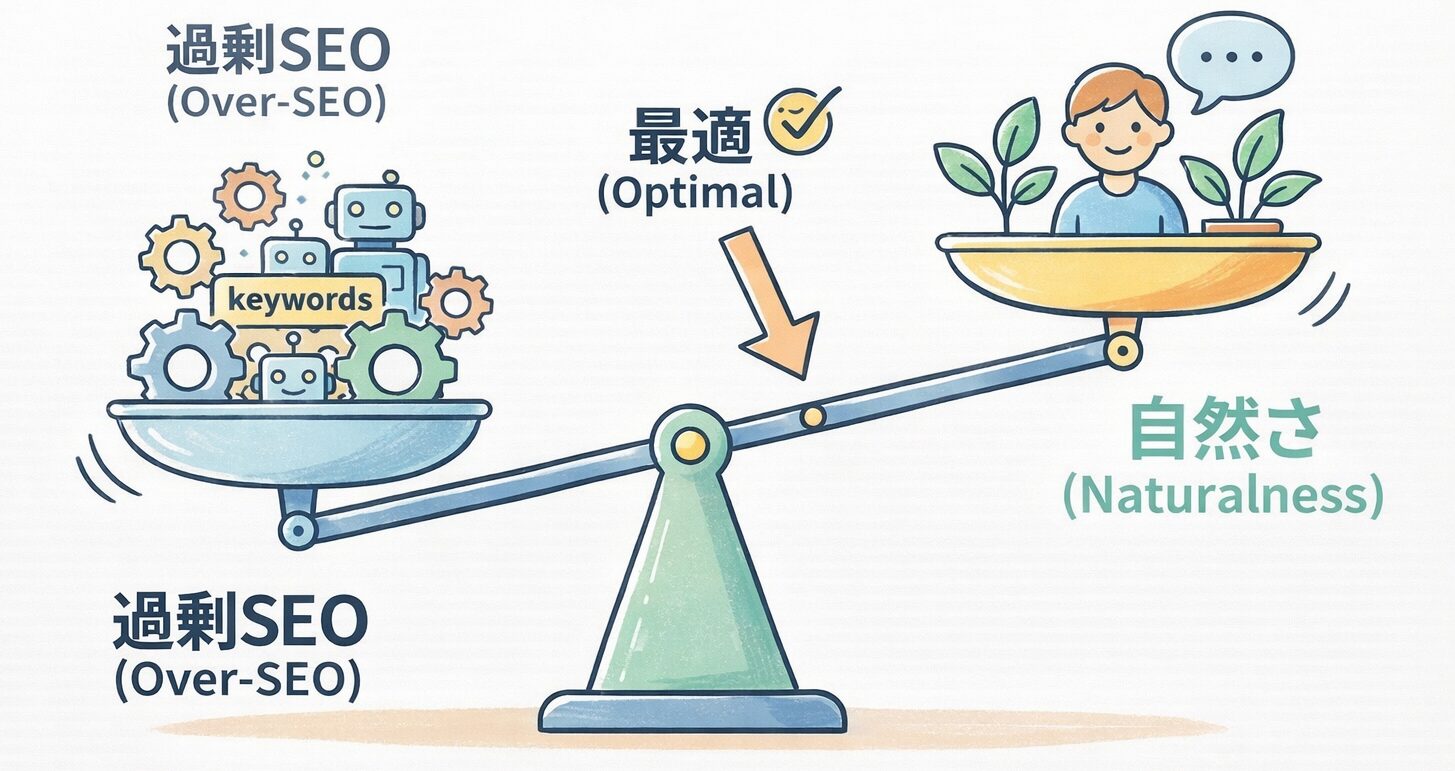 SEO最適化のバランスを示す天秤の概念図