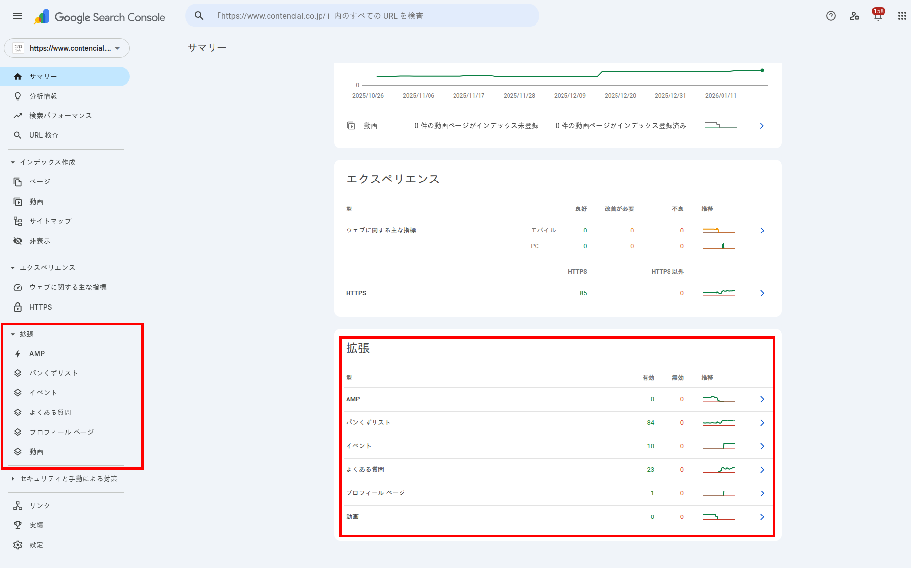 Google Search Consoleの拡張機能レポート画面