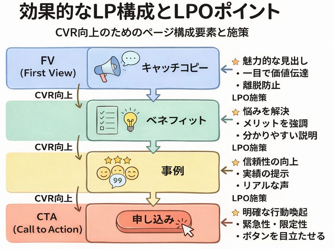 効果的なランディングページの構成要素を示した図