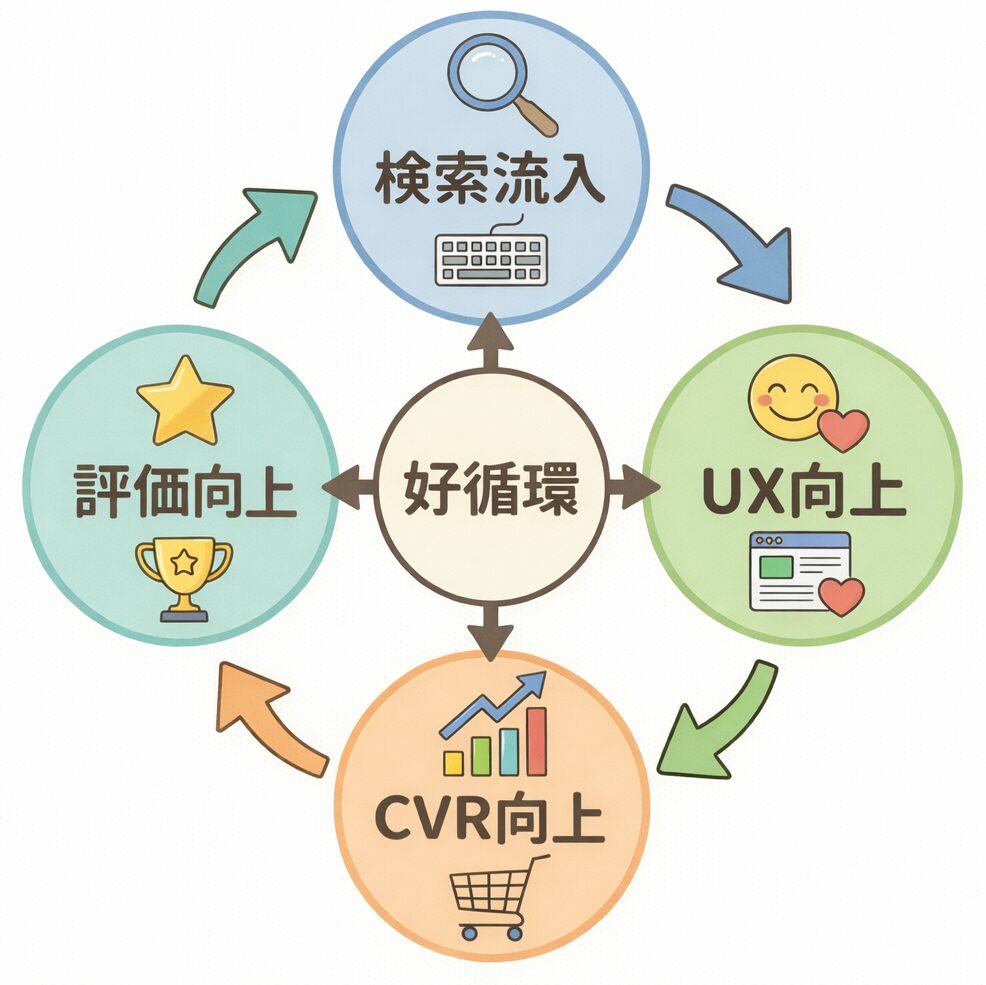 SEOとCVRの相互関係を示す循環図