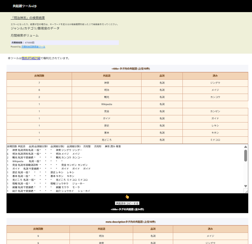 抽出された共起語が品詞情報とともに一覧表示