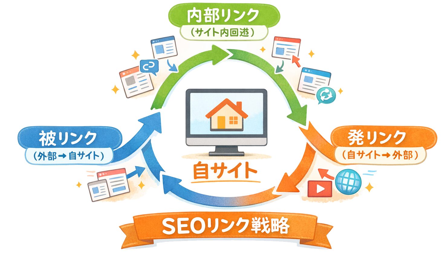 発リンク・内部リンク・被リンクの三位一体構造を示す概念図