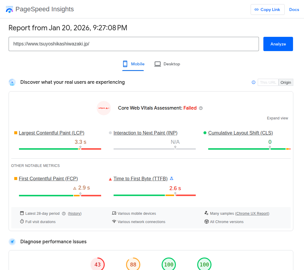 PageSpeed Insightsでウェブサイトの表示速度を測定した結果画面