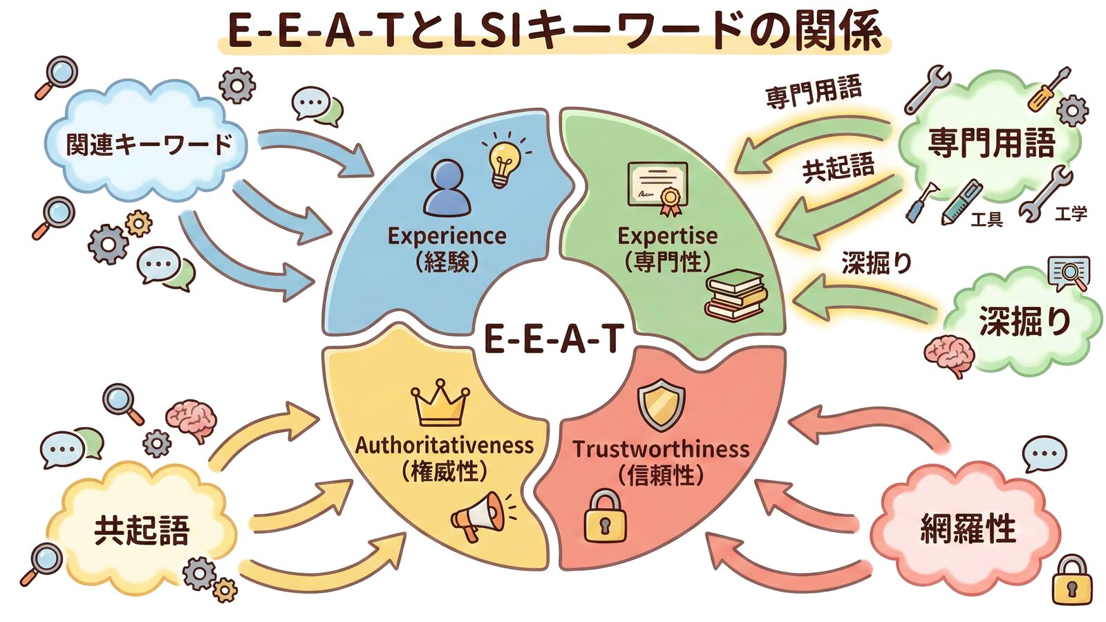 E-E-A-TとLSIキーワードの関係を示す図解