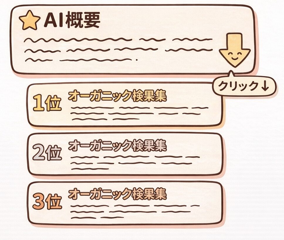AI Overviewが表示された検索結果ページのイメージ図