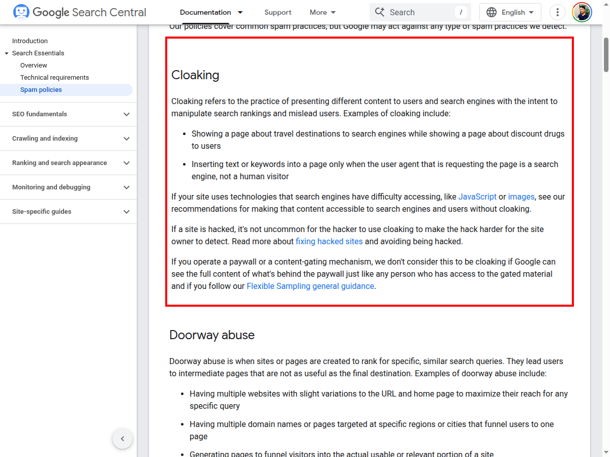 Google Search Centralのスパムポリシーページ