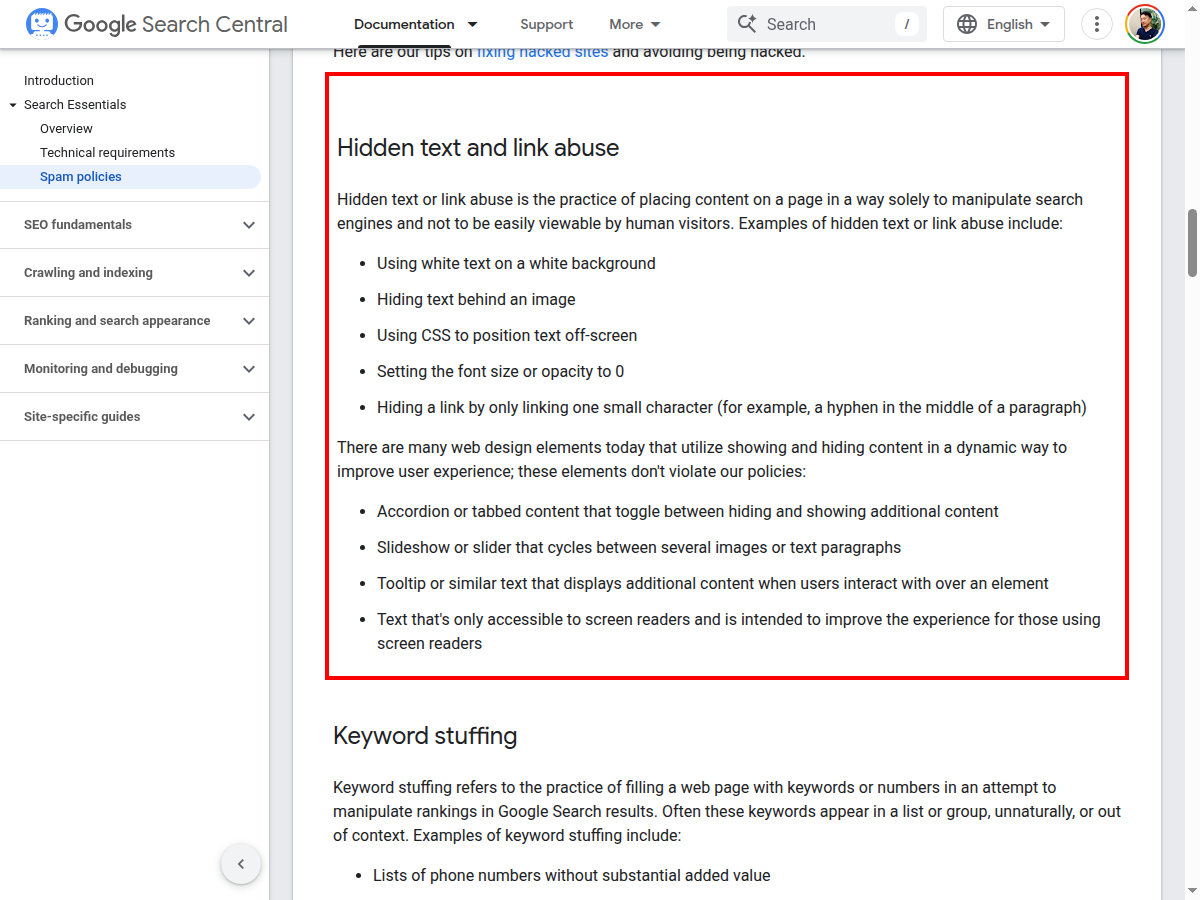 Google Search Centralのスパムポリシーページ