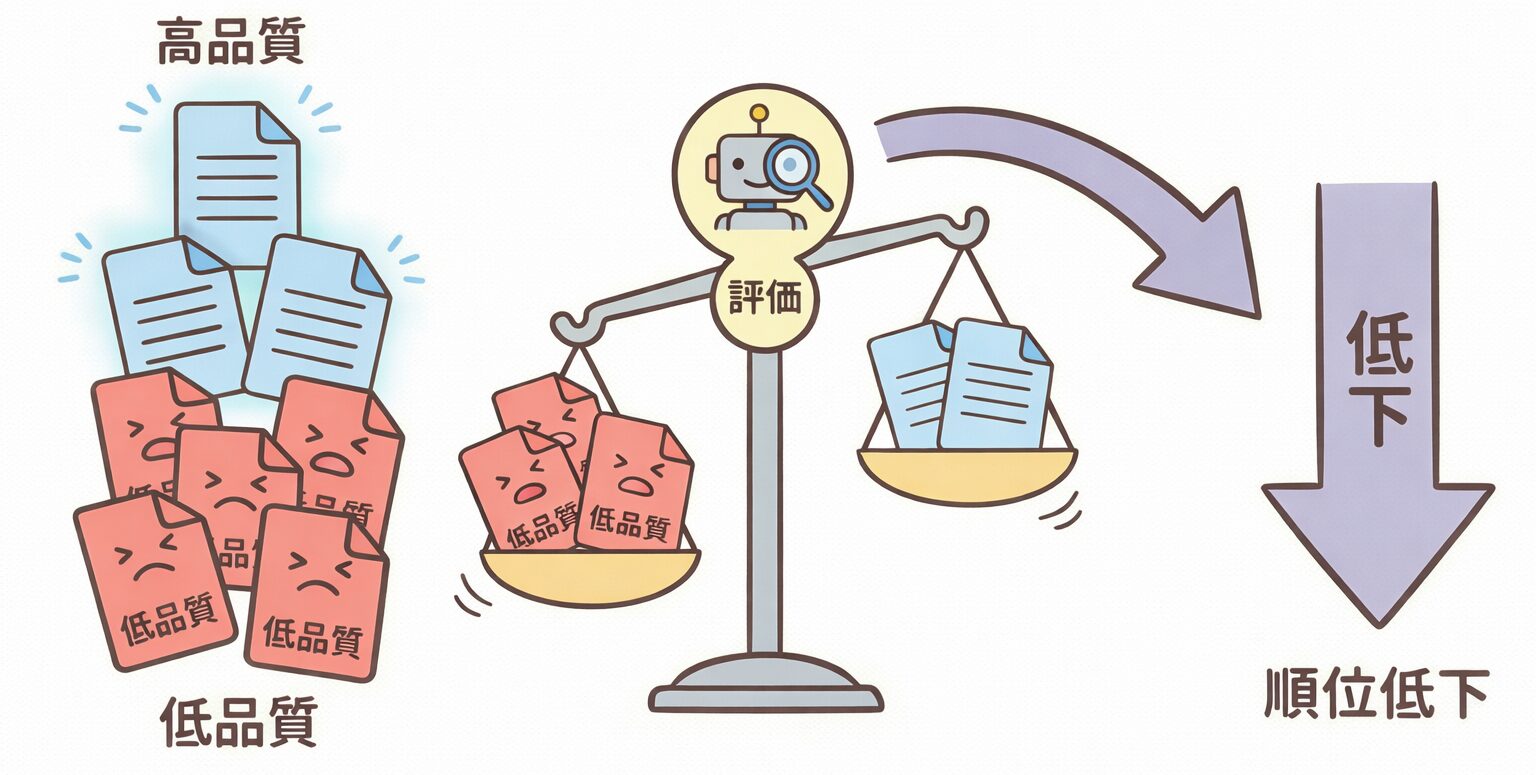 Googleのヘルプフルコンテンツ評価基準がサイト全体を評価する仕組みの概念図