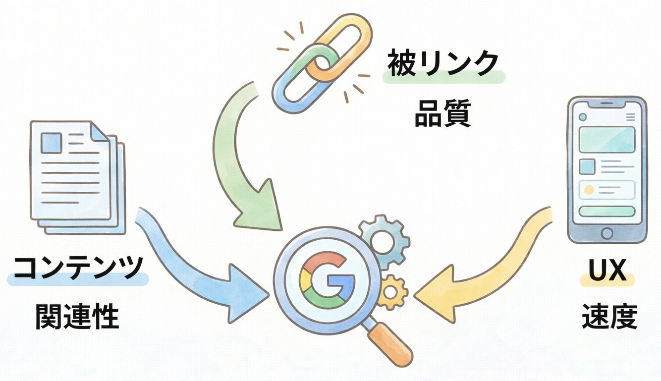 Googleランキングアルゴリズムの主なシグナルを示す概念図