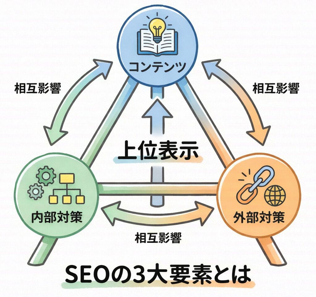 SEOの3大要素（コンテンツ・内部対策・外部対策）の相互関係と、それぞれの役割を示す概念図