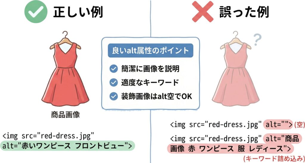 alt属性の正しい設定例と誤った設定例の比較