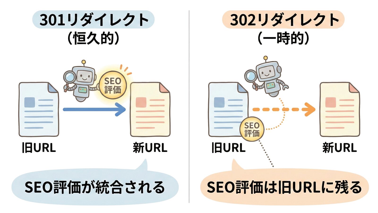 301と302リダイレクトでSEO評価がどのように引き継がれるかを示したフロー図