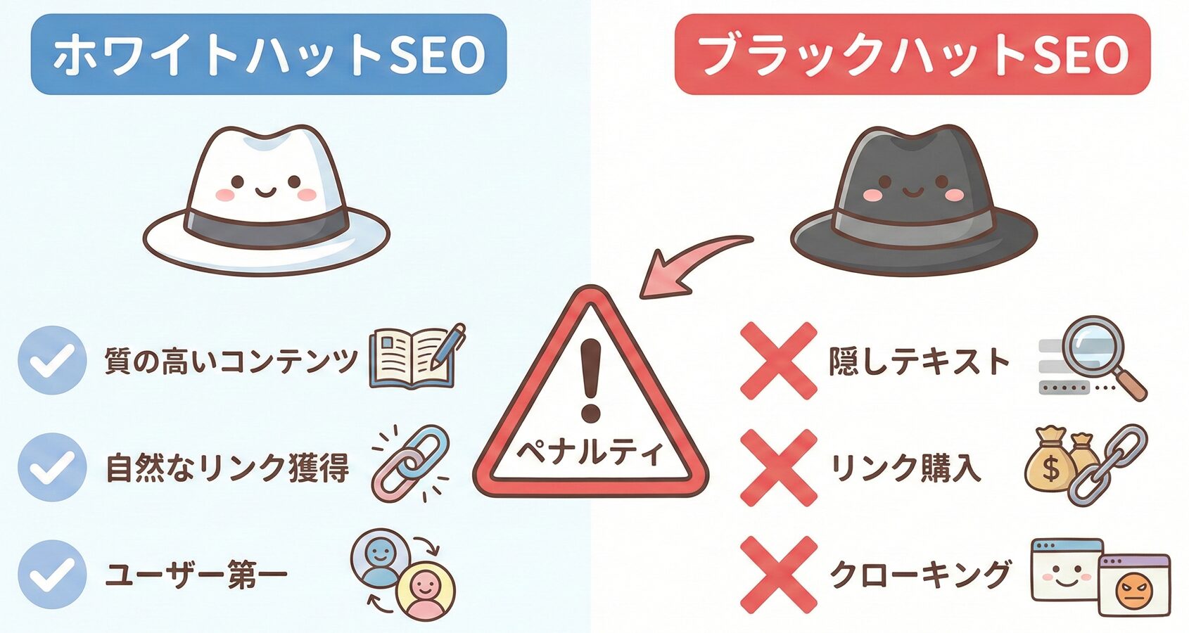 ホワイトハットSEOとブラックハットSEOの違いを示す比較図