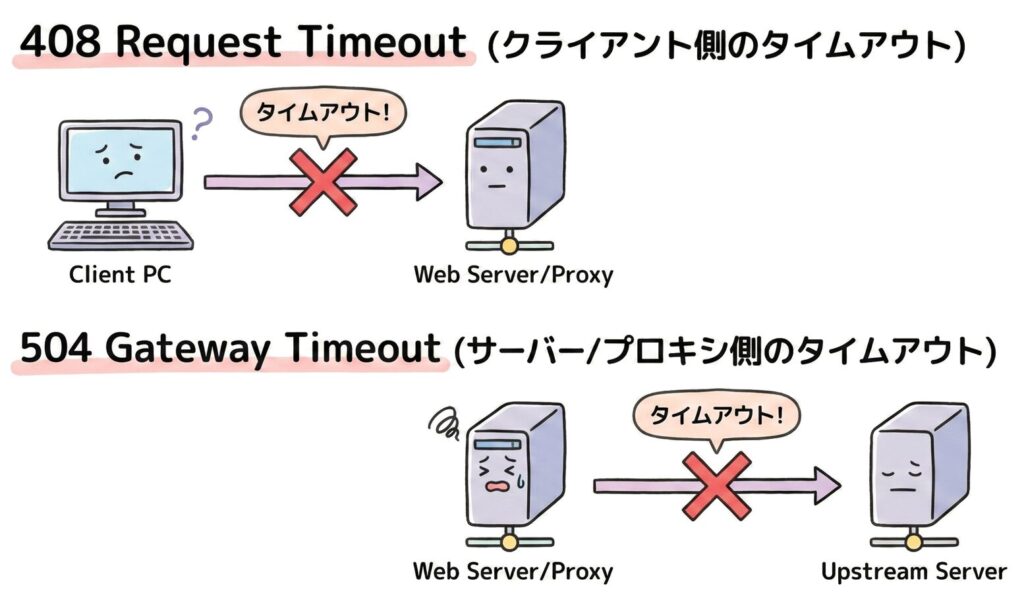 408と504のタイムアウトが発生する場所の違いを示した通信フロー図