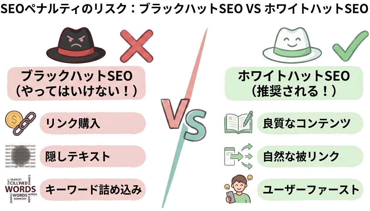 ブラックハットSEOとホワイトハットSEOの違いを示す対比図