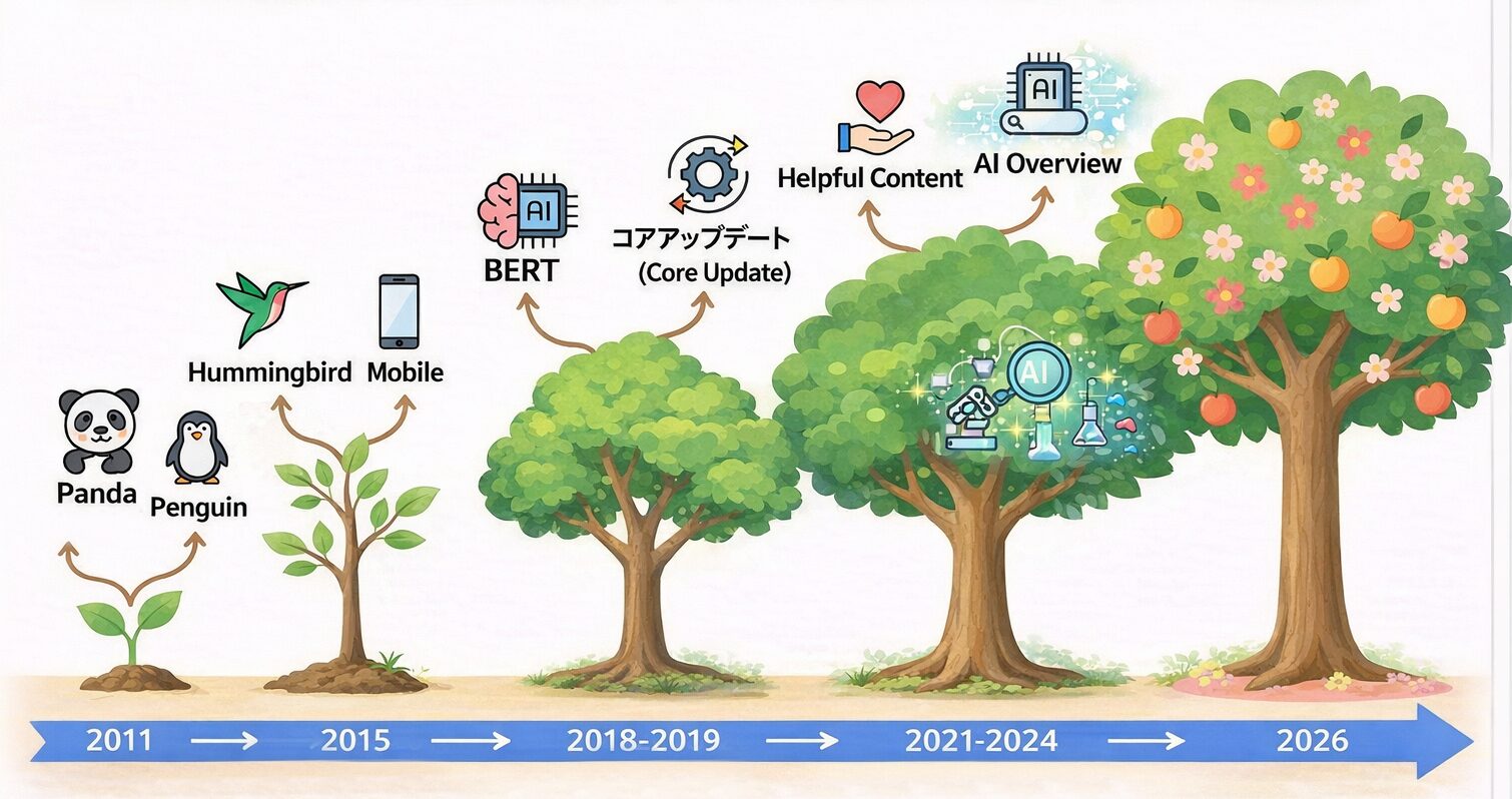 Googleアルゴリズム主要アップデートの歴史を1本の木の成長で表現