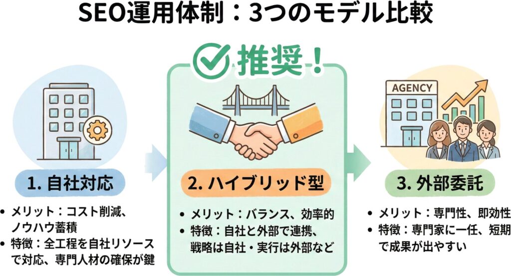 自社対応・外部委託・ハイブリッド型の3つの運用体制を比較するイラスト