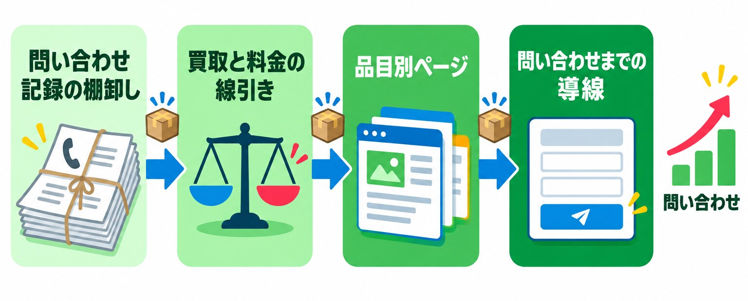「問い合わせ記録の棚卸し」「買取と料金の線引き」「品目別ページ」「問い合わせまでの導線」の四つの段階が左から右へ矢印で並び、前の段階で決めたことが次の段階の材料として受け渡され、最後に問い合わせが伸びていく流れ図