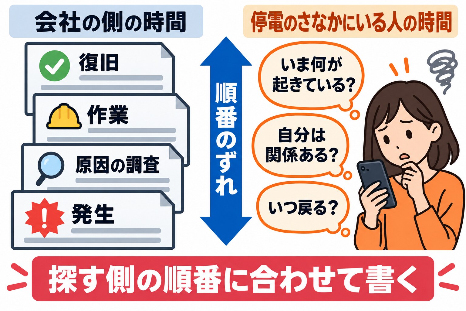 左に「会社の側の時間」として発生・原因の調査・作業・復旧の順に積み上がるお知らせ、右に「停電のさなかにいる人の時間」として「いま何が起きている?」「自分は関係ある?」「いつ戻る?」と問うスマートフォンを持った人を並べた比較図。間に「順番のずれ」の矢印、下部に「探す側の順番に合わせて書く」の注釈がある